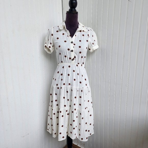 Monteau Dress Womens Small White Brown Polka Dot Linen Short Sleeve Button Up XS - Picture 1 of 14
